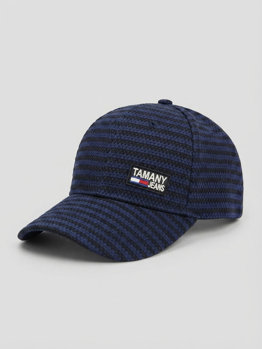 TAMANY Jeans Navy Blue Striped Baseball Cap with Logo Patch
