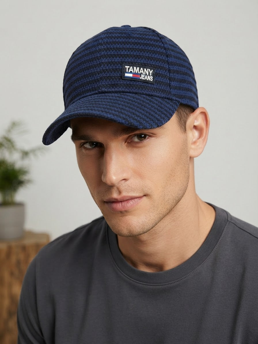 TAMANY Jeans Navy Blue Striped Baseball Cap with Logo Patch