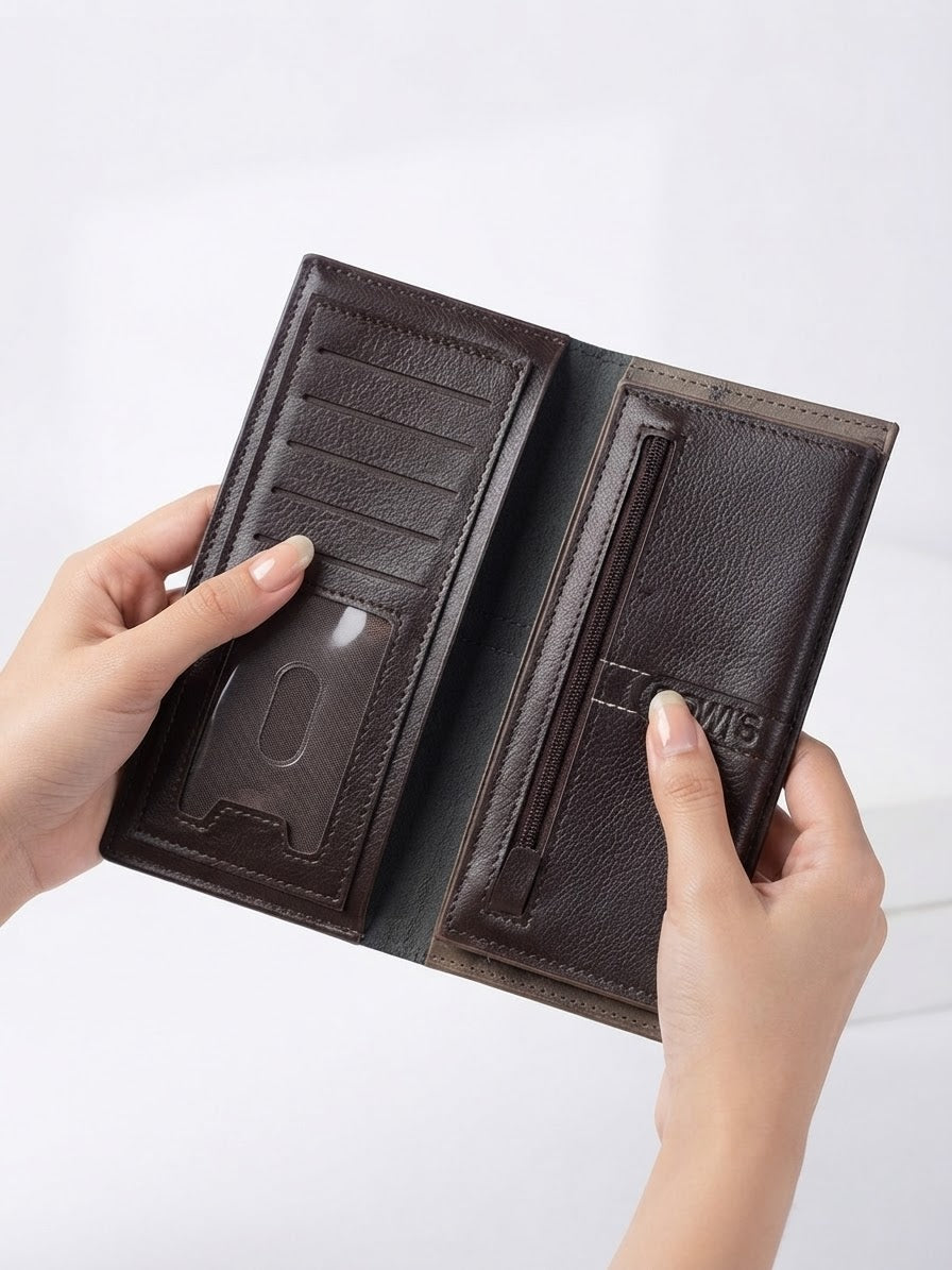 Premium Genuine Leather Long Wallet for Men – Multi-Card Slot & Zipper Pocket Organizer