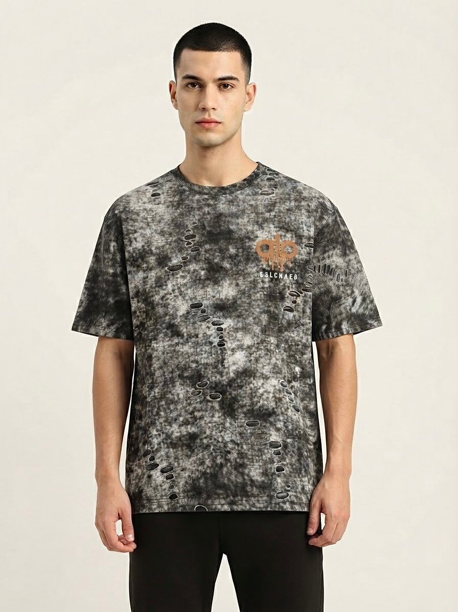 Distressed Acid-Wash Oversized Tee with Dripping Logo