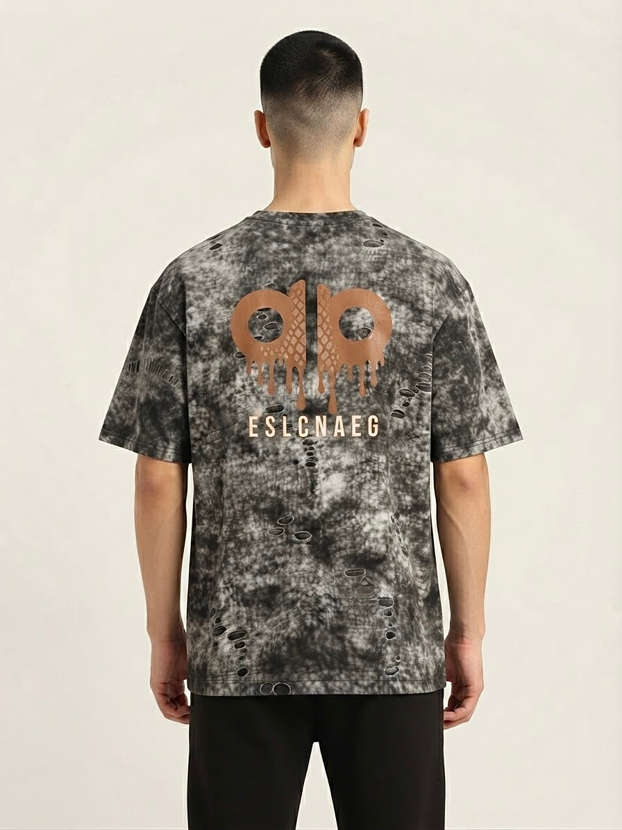 Distressed Acid-Wash Oversized Tee with Dripping Logo