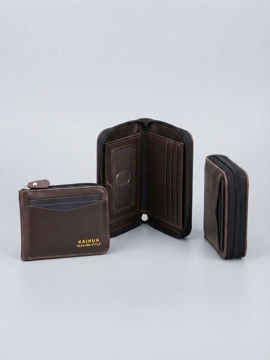 KAIHUA Men's Brown PU Leather Compact Zipper Wallet with Card Slots and ID Window