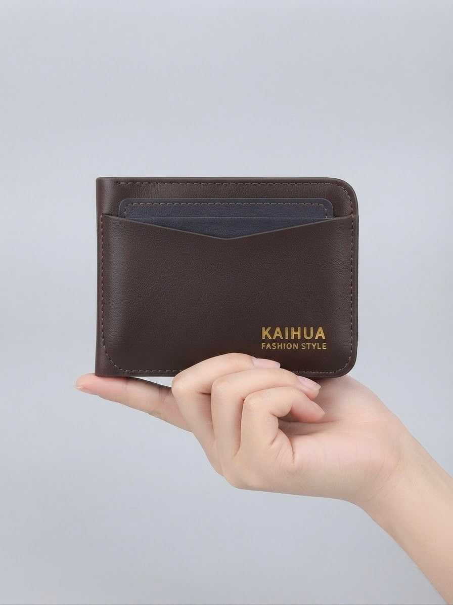 KAIHUA Men's Brown PU Leather Compact Zipper Wallet with Card Slots and ID Window