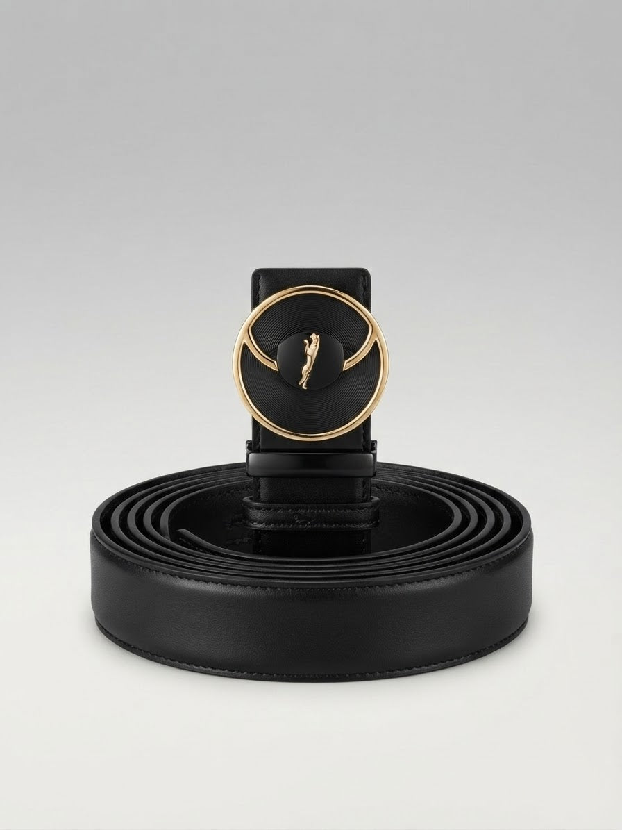 Men's Premium Black Leather Ratchet Belt with Gold Accent Buckle