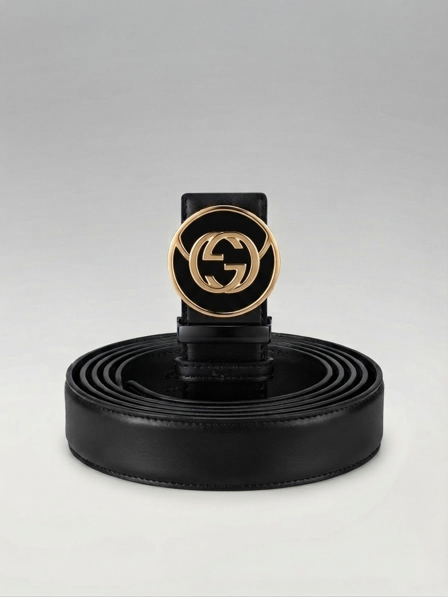 Men's Premium Black Leather Ratchet Belt with Gold Accent Buckle